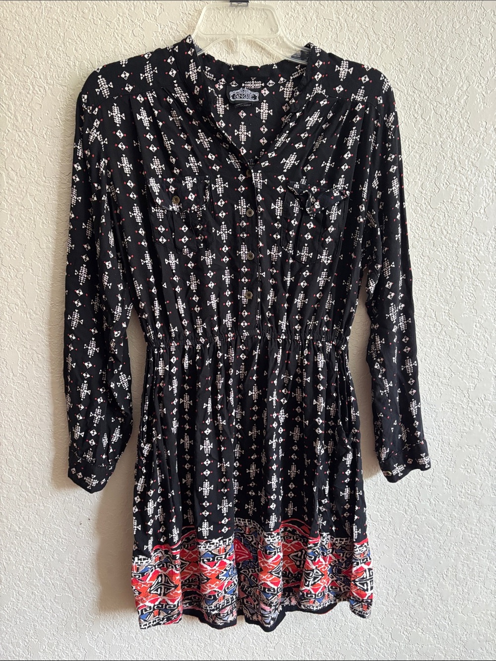 Angie Black Dress with White and Red Border Print